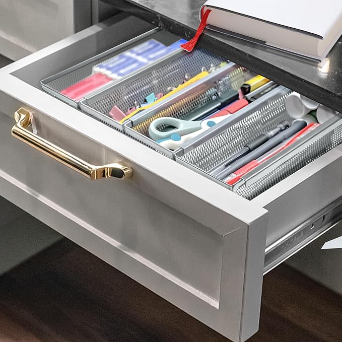 4PCS Drawer Organizer for Kitchen,Utensil Mesh Drawer Organizer with Interlocking Arm for Cosmetic,Flatware,Pen (9 * 3 * 2 Inches,Grey)
