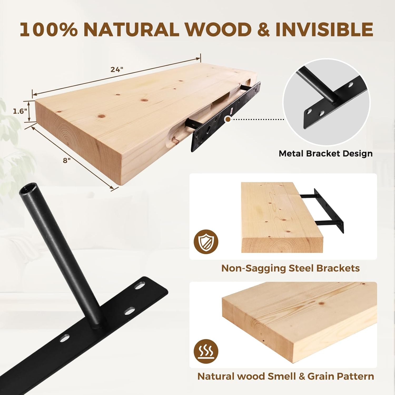 24x8x1.6 inch Floating Shelves Set of 2 – Solid Wood Rustic Wood Wall Mounted Shelf for Kitchen, Bathroom, Living Room