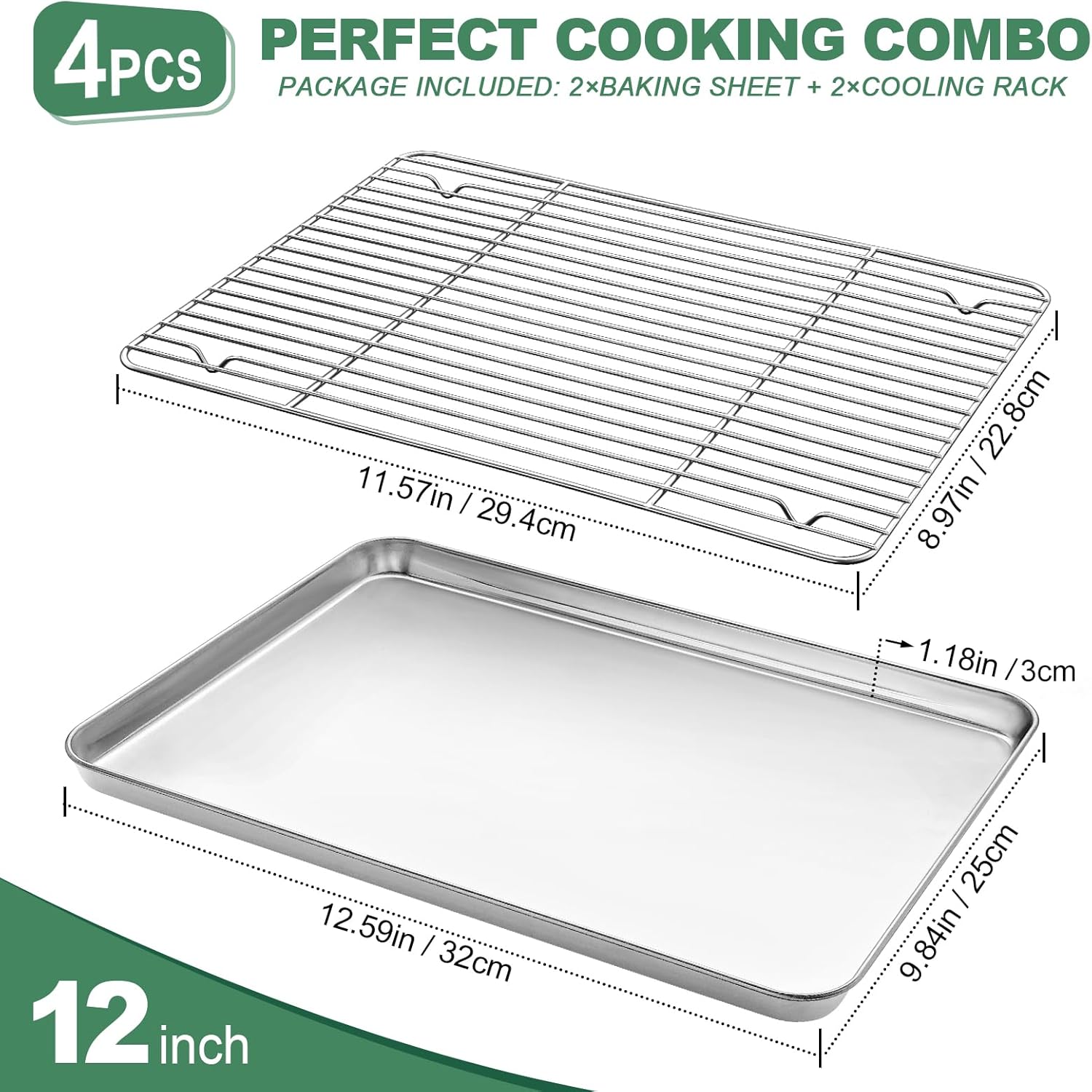Stainless Steel Baking Sheets with Rack, HKJ Chef Cookie Sheets and Nonstick Cooling Rack & Baking Pans for Oven & Toaster Oven Tray Pans, Rectangle Size 12.5L x 10W x 1H inch & Non Toxic & Healthy