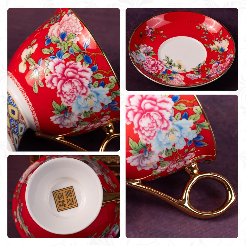 KAMMAK Tea Cups and Saucers Set of 2, Porcelain Coffee Cup with Saucer for Espresso, Cappuccino, 9.8oz Vintage Yellow Floral Ceramic Demitasse Mug for Home, Tea Party, Office