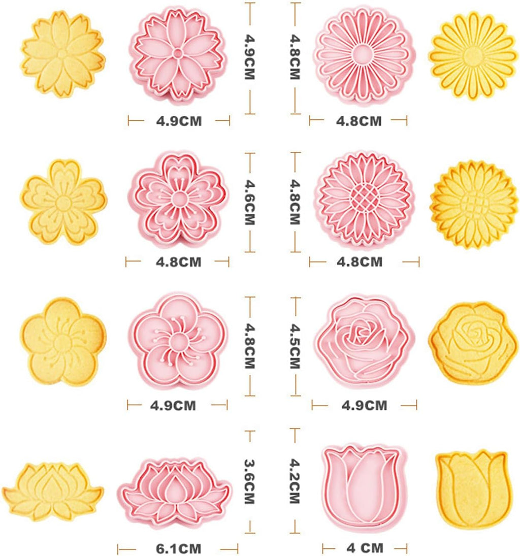 8PCS Flowers Cookie Cutter Sets Daisy Rose Cookie Cutters with Plunger Stamps Sun Flower 3D Plastic Pressable Biscuit Molds Cake Cooie Baking DIY Supplies (A8)