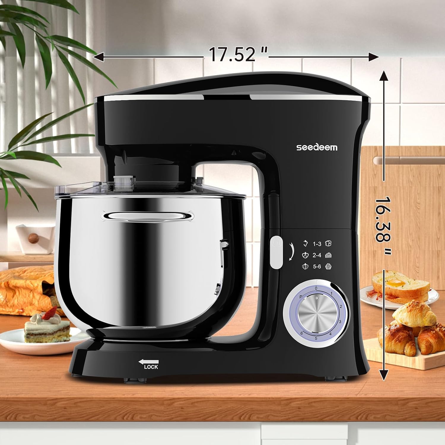 SEEDEEM 8.5 Qt Stand Mixer, 660W 6+P Speeds Electric Stand Mixer, Tilt-Head Kitchen Mixer with Dishwasher-Safe Dough Hook, Wire Whip & Beater for dough mixer Baking Daily Use, Black