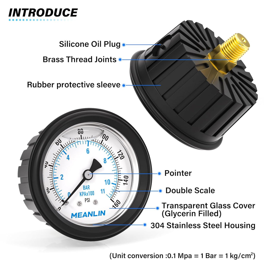 MEANLIN MEASURE 0~160Psi Stainless Steel 1/4" NPT 2.5" FACE DIAL Liquid Filled Pressure Gauge, Center Back Mount (with Rubber Protective Sleeve), with 1/2" NPT and 3/8" NPT Hex Bushing