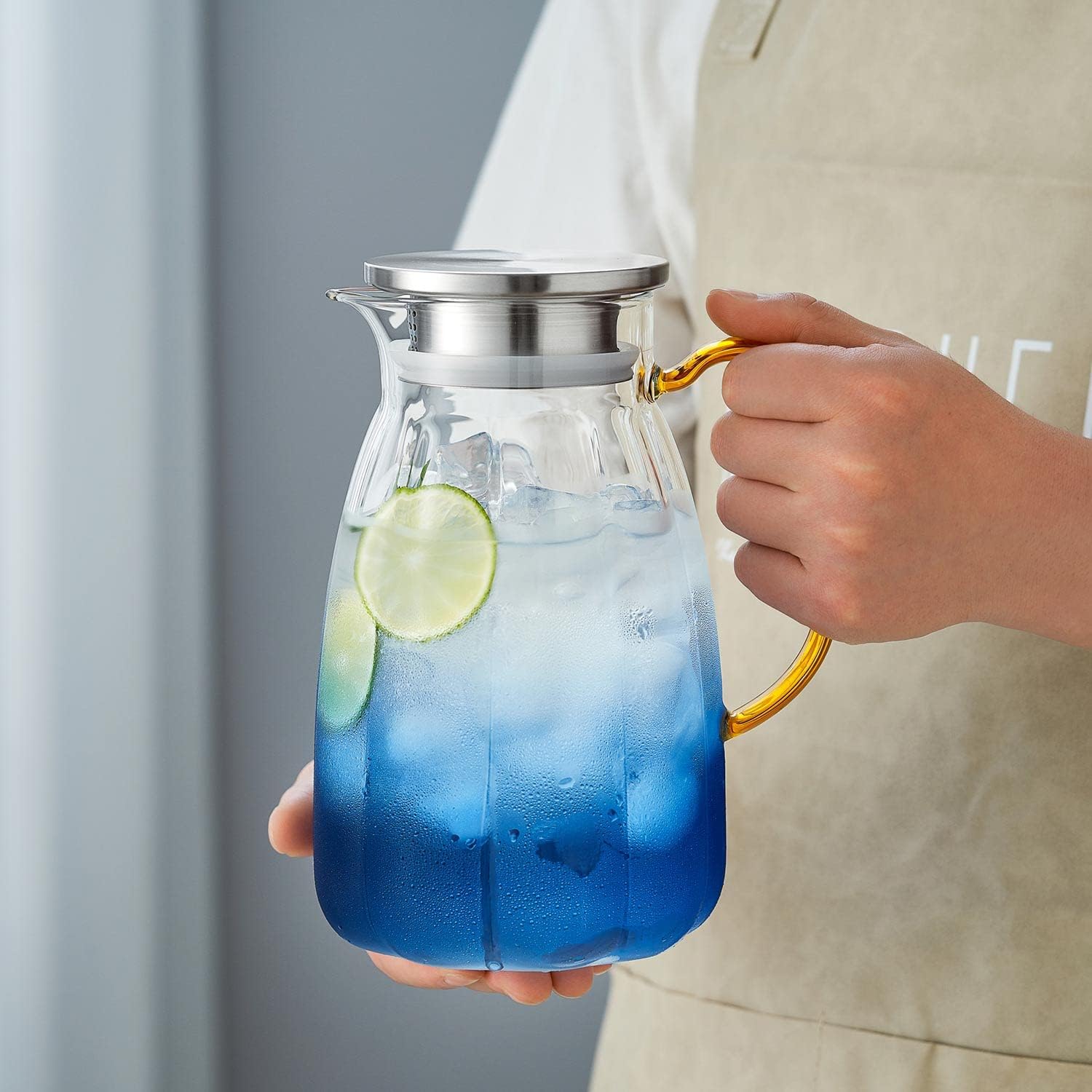 68OZ Glass Pitcher with Lid and Spout, Water Jug, 2000ml Carafe for Hot/Cold Water, Large Iced Tea Pitcher for Coffee, Juice and Homemade Beverage