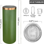 20 oz Skinny Tumblers Bulk, Stainless Steel Insulated Tumbler with Lids and Straws, Slim Double Wall Powder Coated Travel Coffee Mugs, Reusable Cup for Hot and Cold Drinks (Army Green,1 pack)