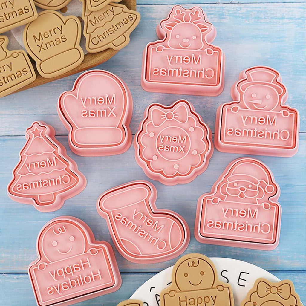 8 Piece Christmas Cookie Cutters, 3d Raised Design Gingerbread Cookie Stamps, Cookie Cutter Set suitable for Frosting Decoration, Mini Pie Molds, Apple Pie Pastry Biscuit Cutter (Christmas-F)