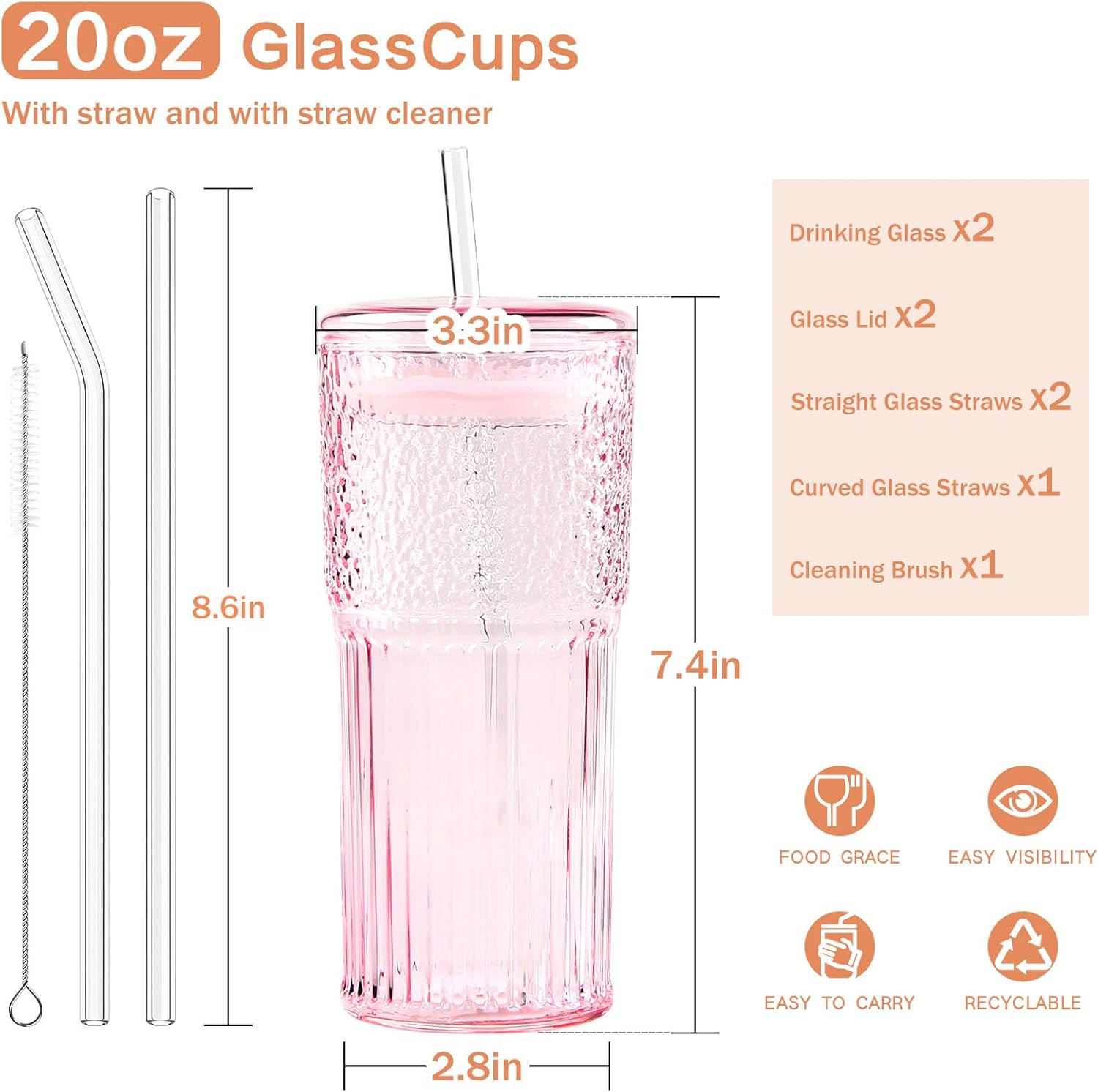 GOSCHE Glass Coffee Cups with Lids and Straws, 20oz Drinking Jar Glass Tumbler for Iced Coffee, Vintage Ripple Glassware Smoothie Cups, Pink, 2Pcs