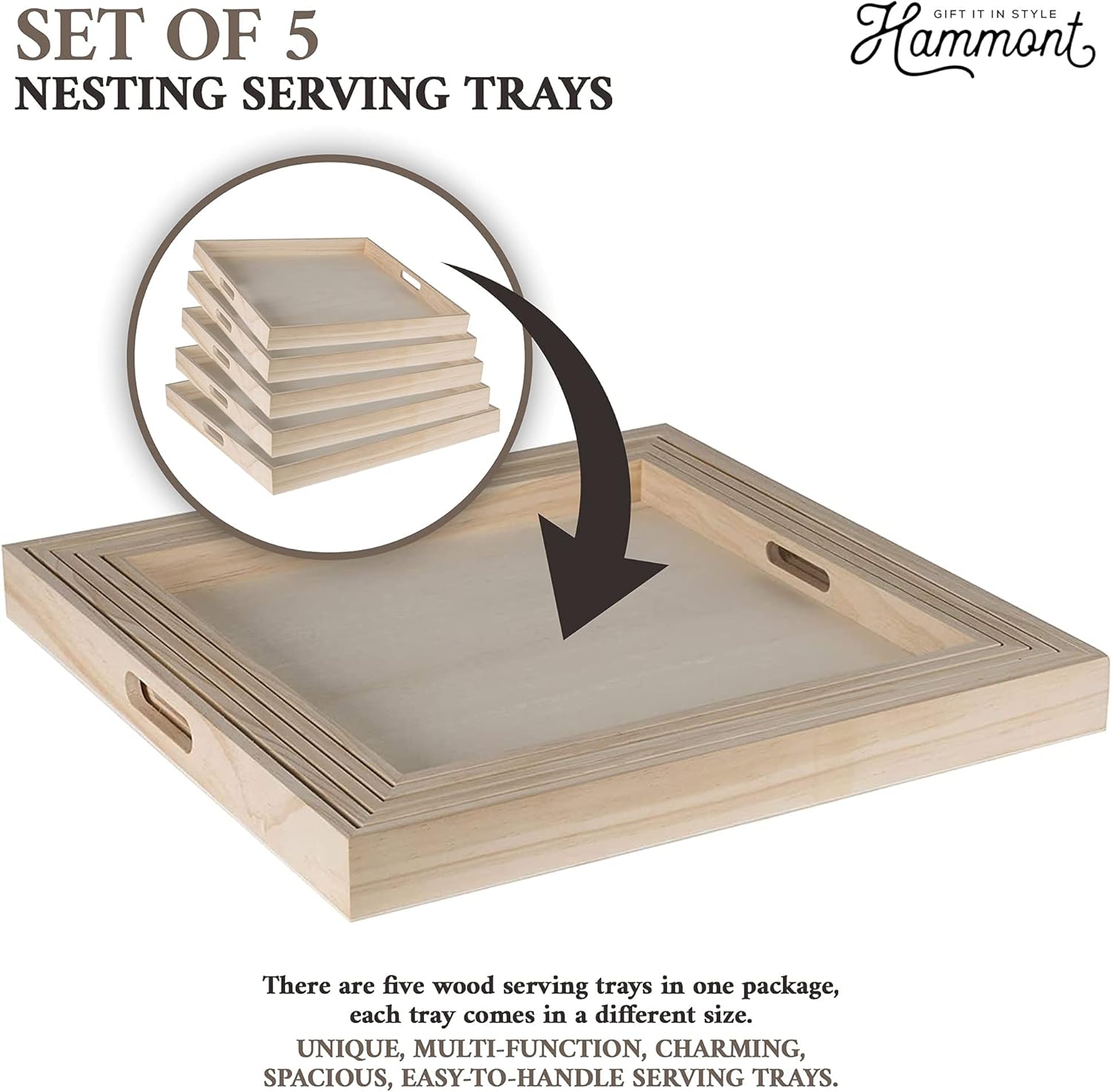 Hammont Wooden Square Trays - Five Piece Nested Serving & Organizing Trays - Rustic Brown Solid Wood - Set of 5 (16x16x1.5", 15.3x15.3x1.5", 14.5x14.5x1.4", 13.75x13.75x1.25", 13x13x1.1")