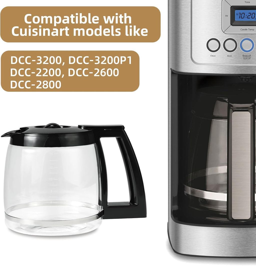 14-Cup Glass Coffee Carafe Replacement Compatible with Cuisinart Models DCC-3200P1, DCC- 3200, DCC-2200RC, Coffee Pot Replacement 14 Cup with Ergonomic Handle and Dripless Spout