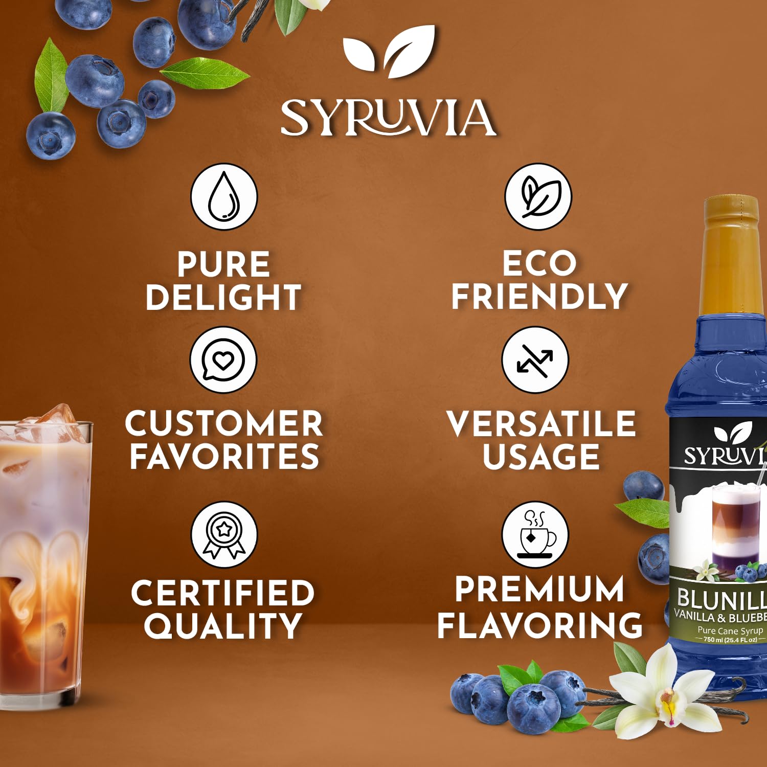 Syruvia BLUNILLA Coffee Syrup Vanilla Blueberry - 25.4 fl oz - Kosher Syrups, Gluten Free, No Coloring, Perfect for Drinks, Soda, Shakes, Desserts, and More.