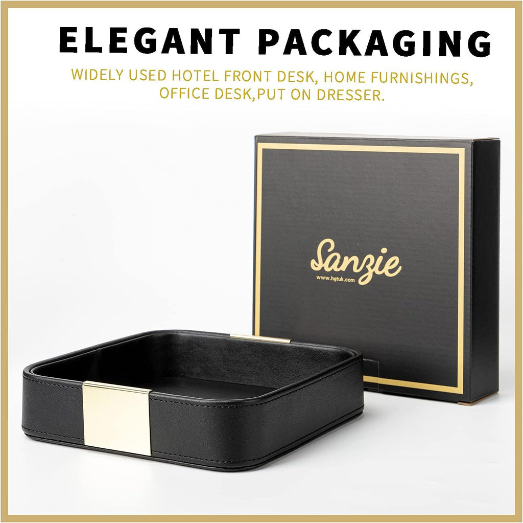 SANZIE Luxury Leather Desktop Storage Small Catchall Organizer Decorative Tray for Entryway Table to Hold Jewelry Watch Cosmetics Keys Phone Wallet, Home & Office Accessories (Metal Glided, Black)