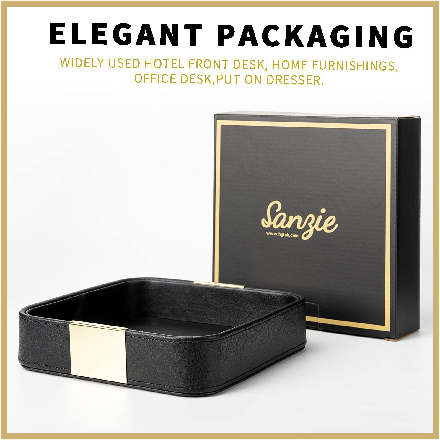 SANZIE Luxury Leather Desktop Storage Small Catchall Organizer Decorative Tray for Entryway Table to Hold Jewelry Watch Cosmetics Keys Phone Wallet, Home & Office Accessories (Metal Glided, Black)