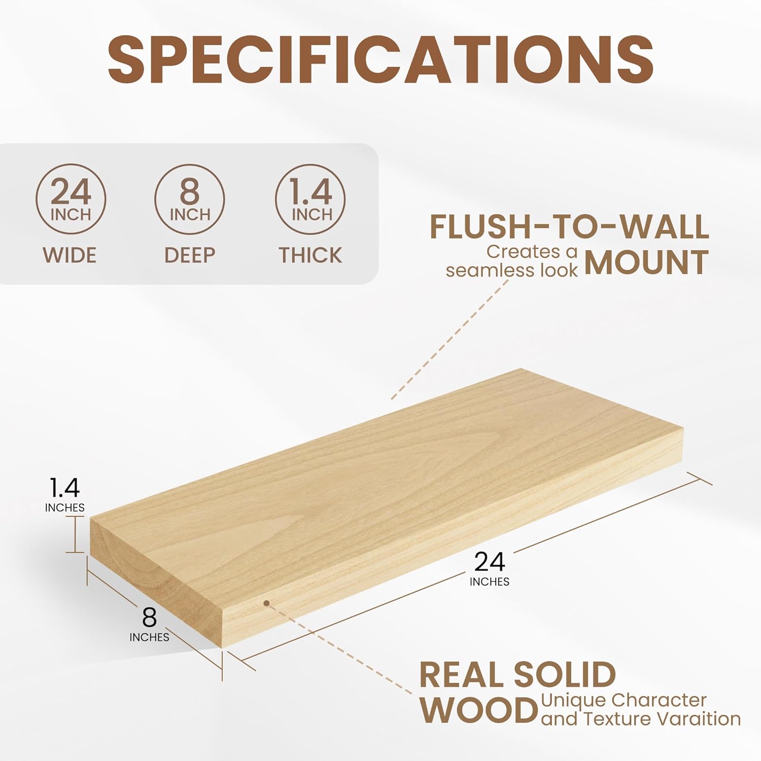 Fun Memories Rustic Floating Shelves for Home Decor, 8 Inch Deep Floating Shelf, Solid Wood Floating Wall Shelves 24 Inch Long, Deep Wall Shelves for Bathroom, Living Room, Natural Finsh, Set of 2