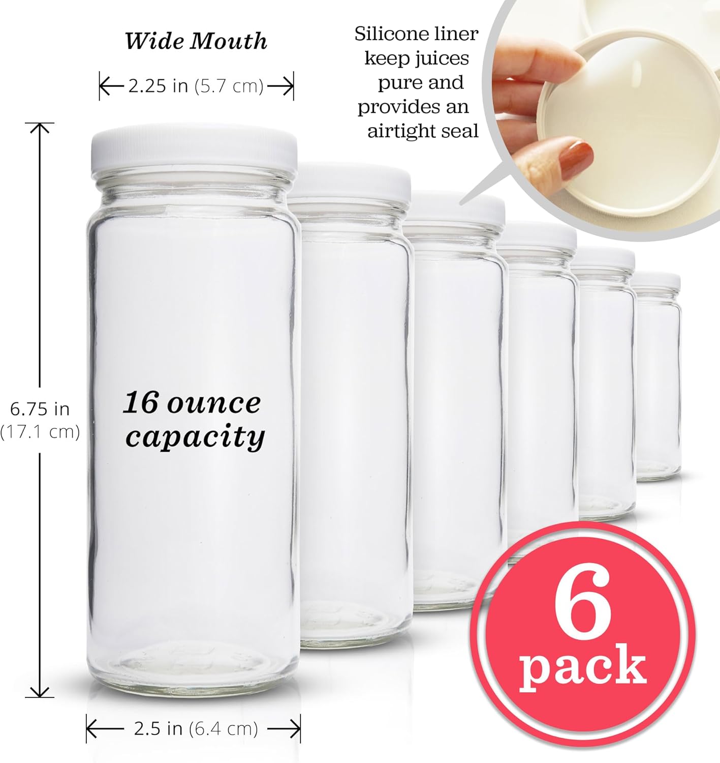 All About Juicing Clear Glass Water Bottles Set - 6 Pack Wide Mouth with Lids for Juice, Smoothies, Beverage Storage - 16 oz, Durable, Reusable, Dishwasher Safe, Leak Proof (White Caps)