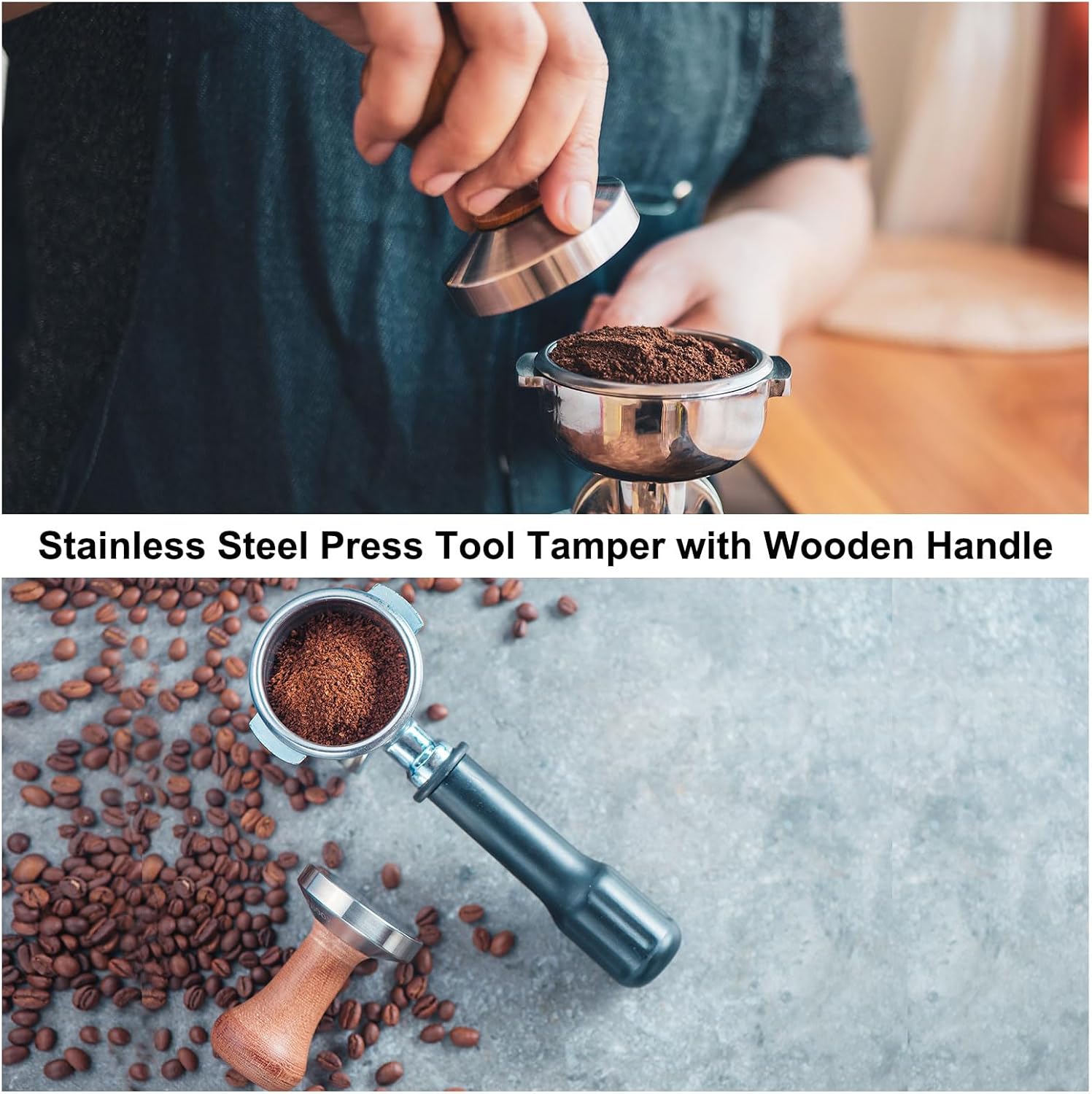 uxcell 58mm Espresso Tamper, Stainless Steel Press Tool Tamper with Wooden Handle, Espresso Accessories for Baristas, Home, Shops, Cafe (Flat Base, Deep Wooden)