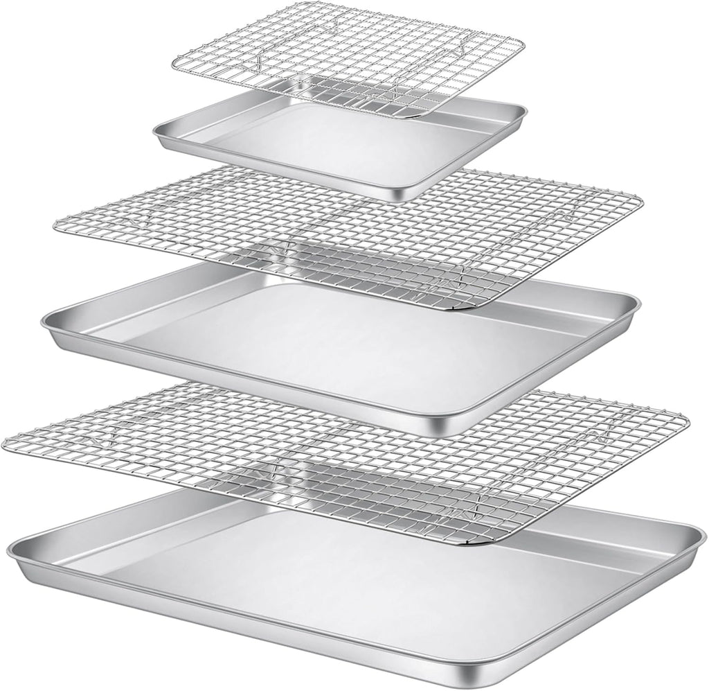 P&P CHEF 17.5 + 16 + 10.4 Inch Baking Sheet and Rack Set, Stainless Steel Cookie Sheets Oven Baking Pans Trays with Cooling Racks for Cooking & Roasting, Oven & Dishwasher Safe, (6Pcs)