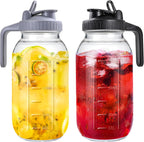 Mason Jar Pitcher, 64 OZ 2 Pack Glass Pitcher with Lid Double Leak-proof with Handle Water Jug Wide Mouth Breast Milk Pitcher Fridge Container for Water, Juice, Iced Coffee, Tea, Juice - Black+Grey