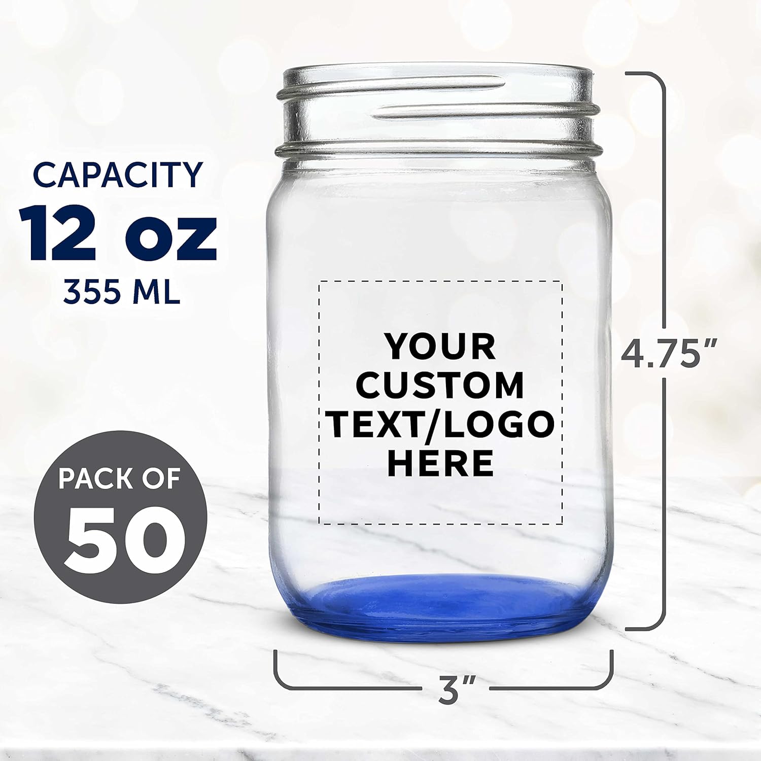 DISCOUNT PROMOS Custom Decorating Mason Jars 12 oz. Set of 50, Personalized Bulk Pack - Glass Jars for Overnight Oats, Candies, Fruits, Pickles, Spices, Beverages - Blue