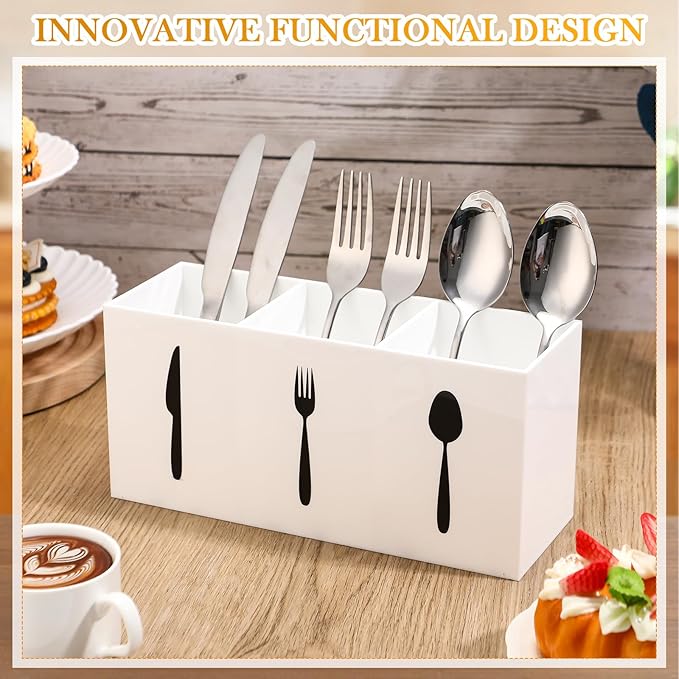 Suzile Acrylic Cutlery Storage Organizer Bin Silverware Caddy Countertop Knife Spoon and Fork Holder Kitchen 3 Section Tableware Storage Box for Cabinet Indoor Home Flatware Dining Room(White,L)