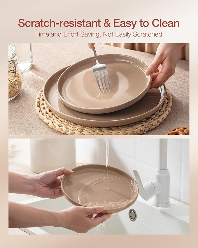 Famiware Milkyway Stoneware Dinnerware Sets with Pasta Bowls, Service for 6 (24 Pieces), Plates and Bowls Sets -Scratch Resistant, Microwave and Dishwasher Safe Dishes Set, Cinnamon Brown