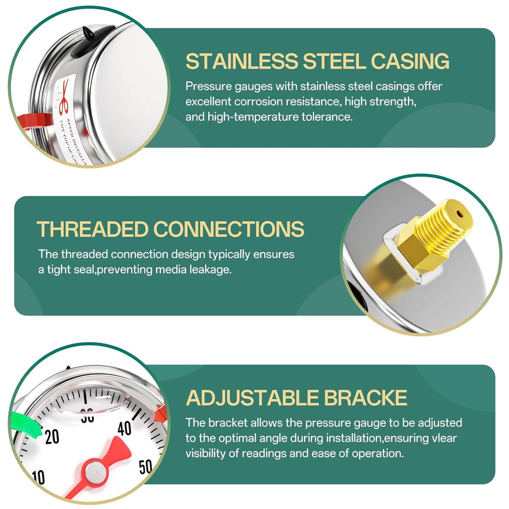 0-60psi Stainless Steel Glycerin Liquid Filled Pressure Gauge 1/8" NPT 1.5" Face Dial, Center Back Mount, for Water, Oil and Air Pressure Testing (with Range Mark Pointer)