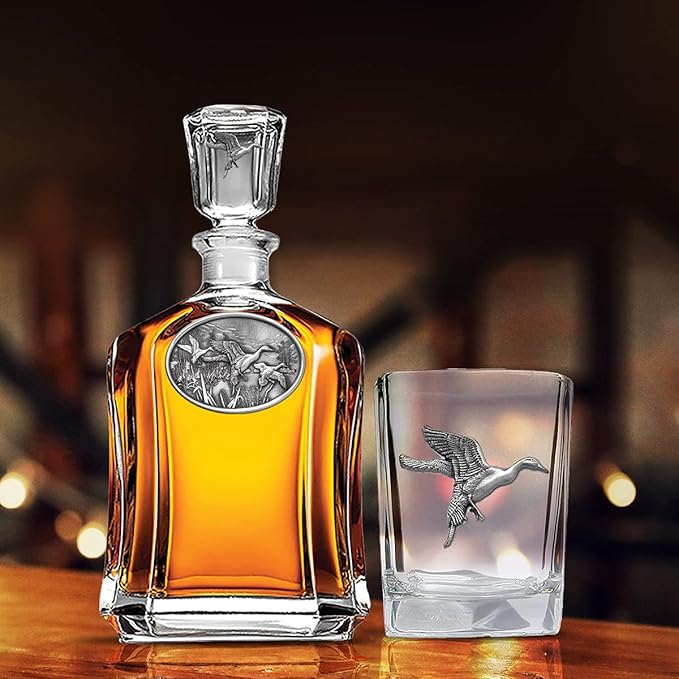 Heritage Pewter Pintail Duck Square Shot Glass | Hand-Sculpted 1.5 Ounce Shot Glass | Intricately Crafted Metal Pewter Inlay