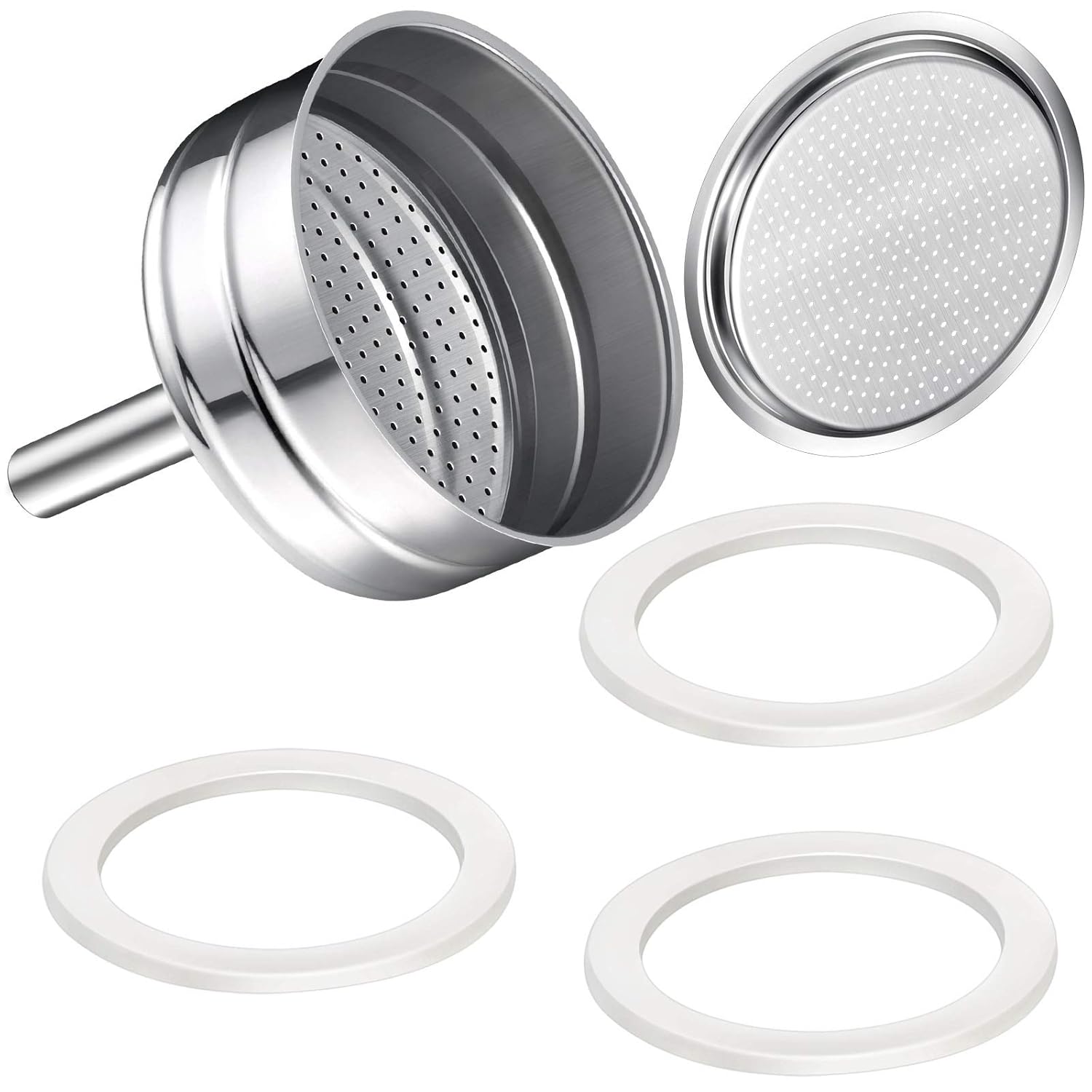 Moka Express Replacement Funnel Kit, 3 Packs Gasket Seals, 1 Stainless Steel Funnel with 1 Pack Stainless Filter (6-Cup)