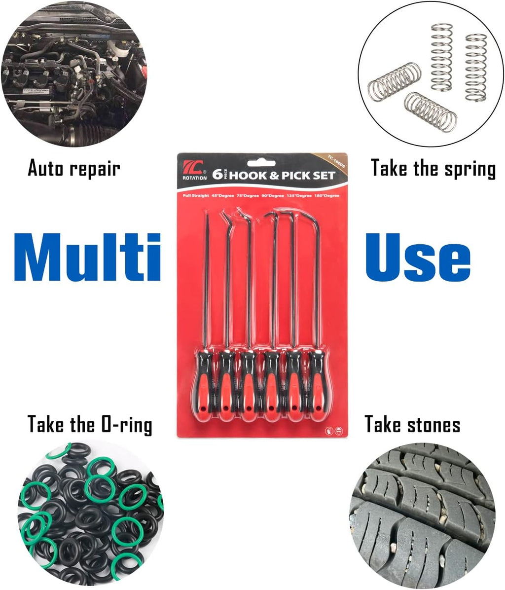 ROTATION Extra Long Precision Hook and Pick Set, 6-Piece Set, Chrome Vanadium Steel Shaft, for Remove Hoses and Gaskets, Auto and Electronics Maintenance Tools