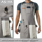 Asaya Chef and BBQ Apron with Bottle Opener and Hand Towel - 10oz Cotton Canvas, Stainless Steel Hardware - Cross Back Straps