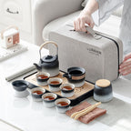 LURRIER Gongfu tea sets, Portable Ceramic TeaSet, Asian Tea sets for adult, Tea Gift sets, Grey leather case, Portable Travel Bag,Home,Gifting,Outdoor and Office(Black and White)