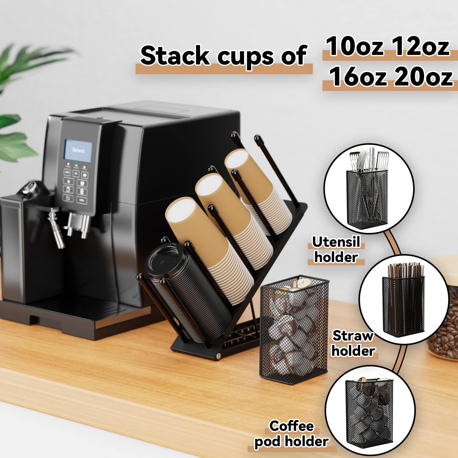 OVICAR Cup and Lid Holder - Adjustable Coffee Cup Holder Organizer 4 Compartment Disposable Cup Dispenser with Coffee Pod Straw Storage Basket for Coffee Station Bar Countertop Breakroom Metal Black