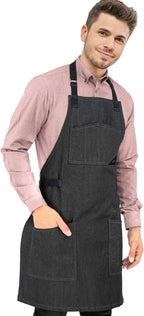 Under NY Sky Chef Apron – Professional Black Denim – Cotton Straps - Smart Pockets - Adjustable for Men and Women – Pro Chef, Cook, Kitchen, Baker, Barista, Bartender, Server Aprons