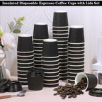 100 4oz Disposable Espresso Cups with Lids Ripple Corrugated Paper Disposable Coffee Cups Cups for Hot Chocolate, Tea, and Cocoa Drinks (Black)