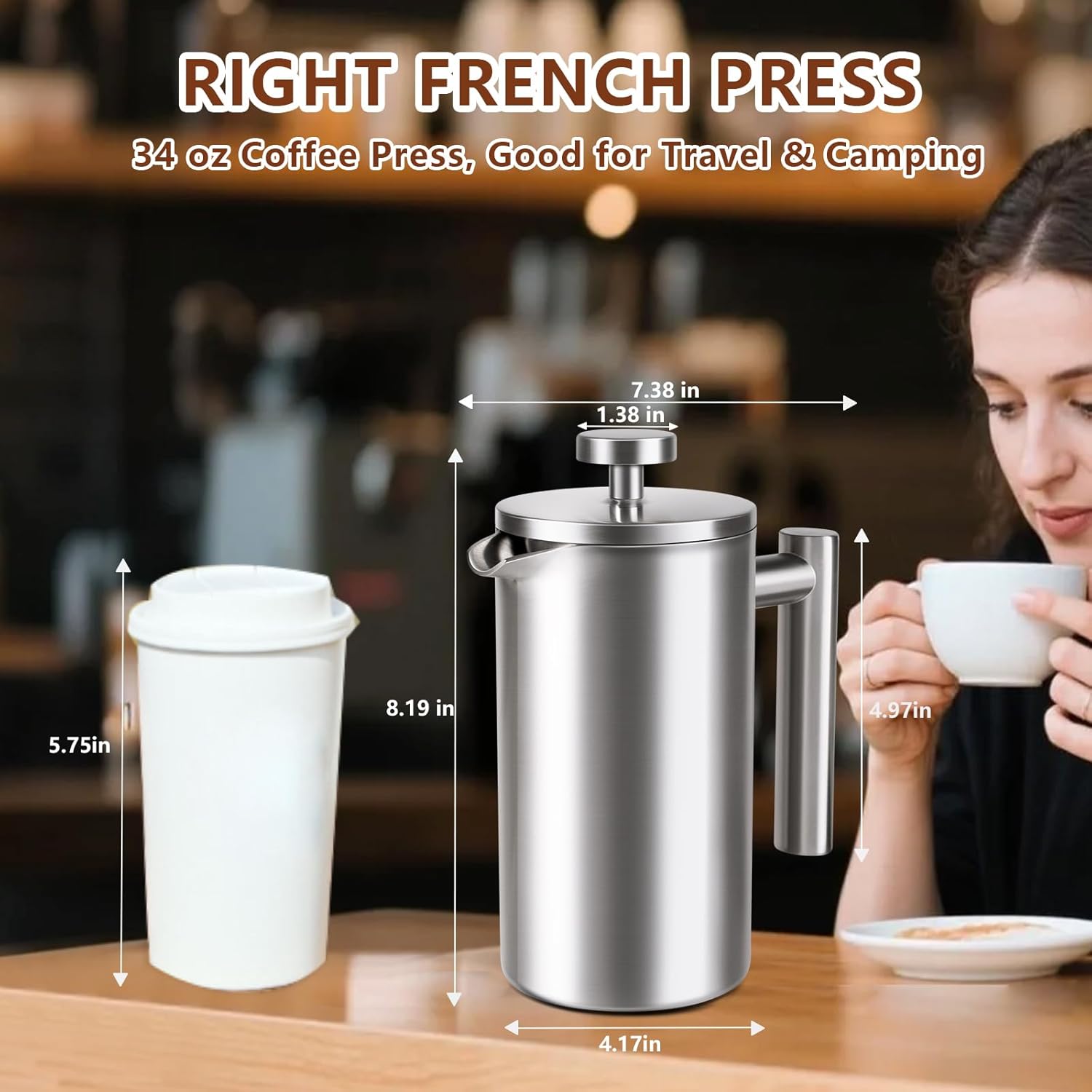French Press 34 oz, Full Stainless Steel French Press Coffee Maker 4 Cups, Upgrated Double-Walled Insulated French Coffee Presses, Food Grade Good for Kitchen Camping, Dishwasher Safe 2 More Filters