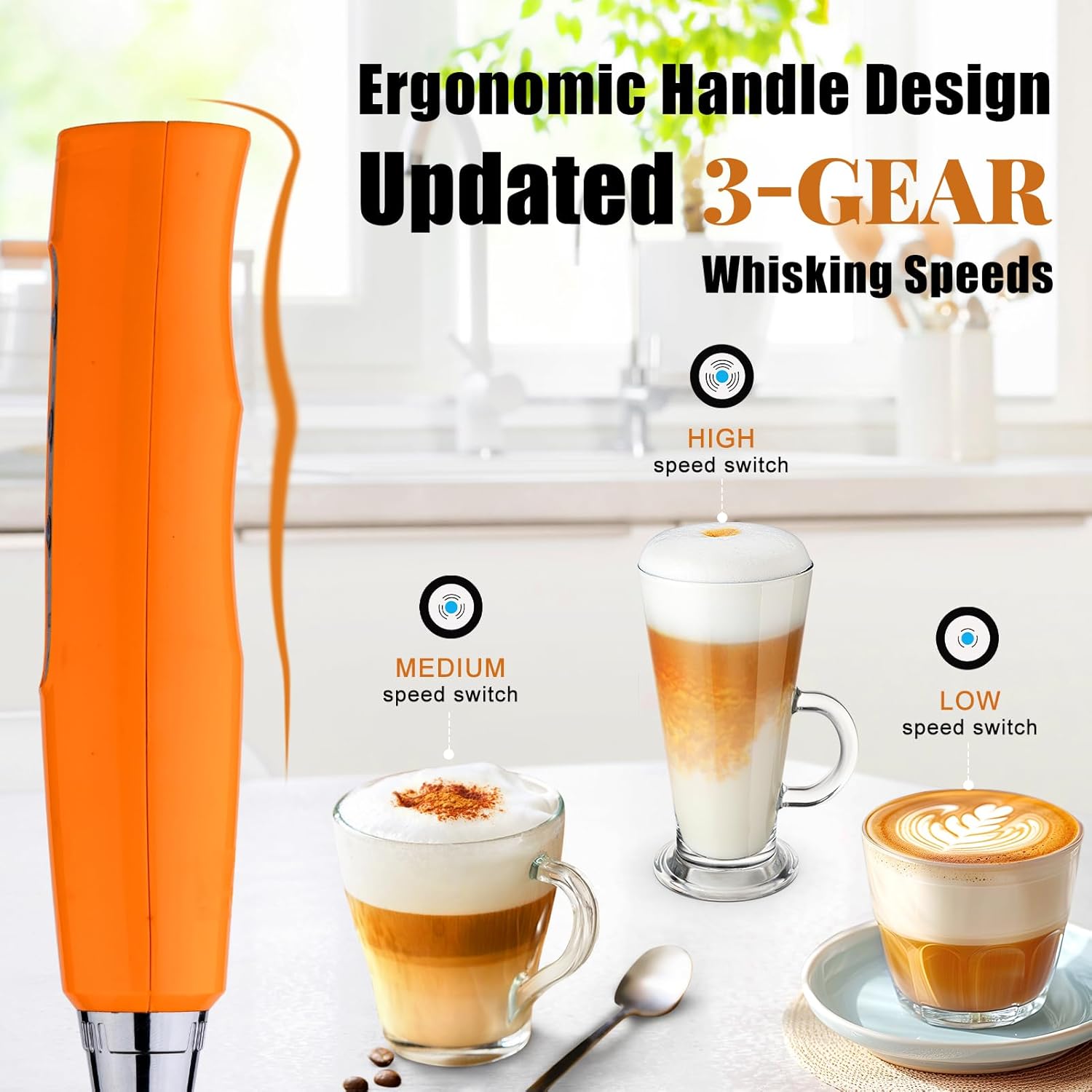 Nahida Orange Milk Frother Wand for Coffee, Frother Handheld Rechargeable Electric Whisk with 3 Heads 3 Speeds Drink Mixer Coffee Frother Foam Maker For Latte, Cappuccino, Hot Chocolate, Egg