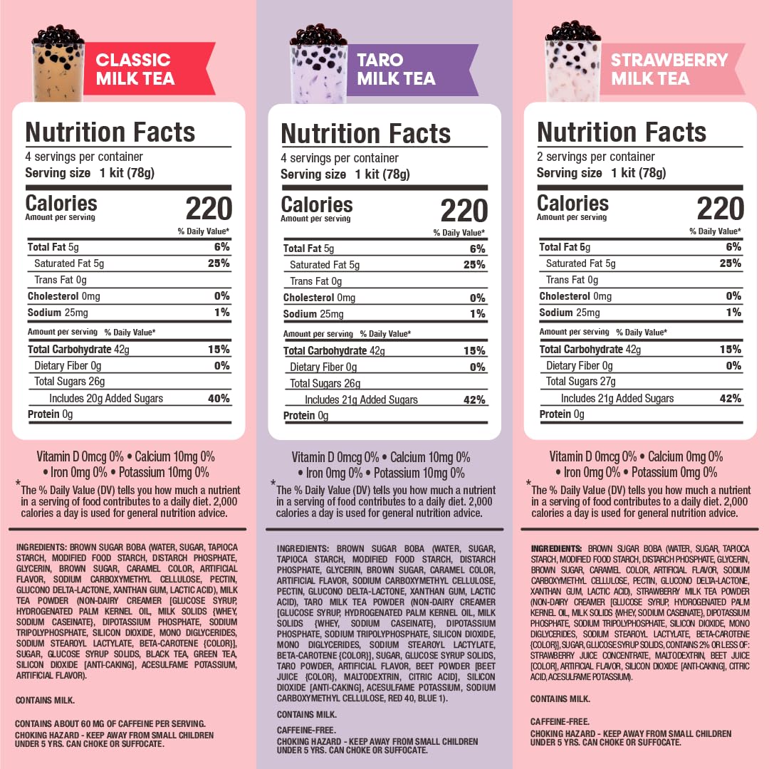 Boba Bundle Kit 10 Serv. Instant Bubble Pearl Variety Milk Tea Kit with Authentic Brown Sugar Tapioca Pearls by Yulu Foods - Ready in Under 1 Minute, Includes Paper Straws - Gift Box, Holiday (Classic, Taro and Strawberry)