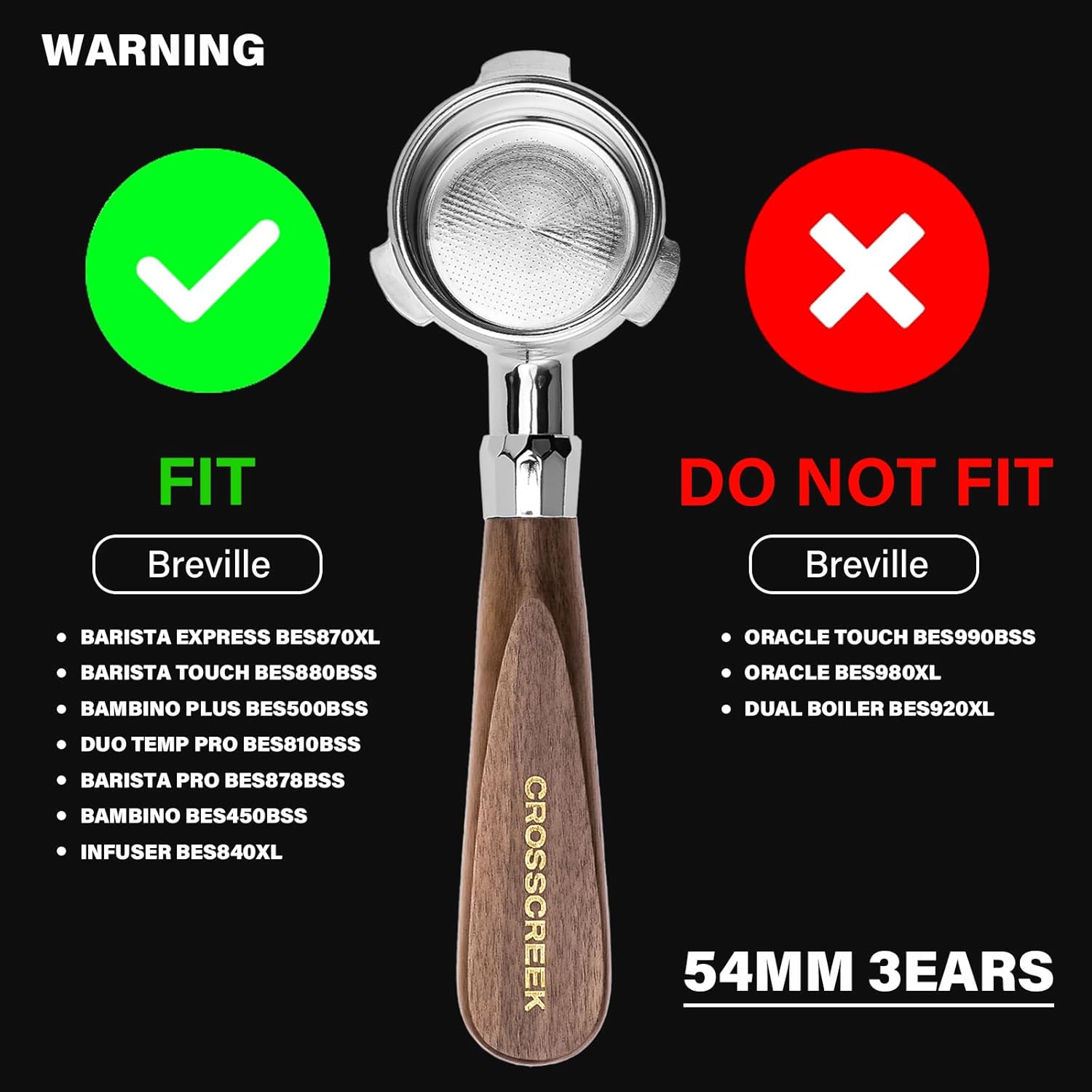 Espresso Portafilter | 54mm Bottomless Portafilter with 3 Ear and Walnut Handle | Fits 54mm Breville Bambino/Barista/Infuser BES450, BES500, BES880, BES810BSS, BES860XL, BES870XL, BES878