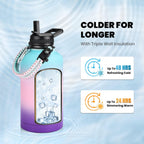 Insulated Water Bottle 64 oz, Triple Wall Vacuum Stainless Steel (Cold for 48 Hrs), Leak Proof & Non-BPA, Half Gallon Water Flask Jug with Paracord Handle & Straw Spout Lids, Hydrangea