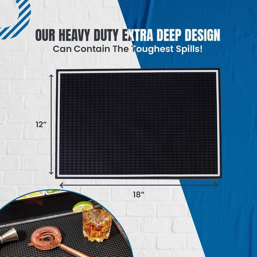 Premium Rubber Bar Mats for Countertop 18" x 12" White Edge Black Bar Mats for Bartending, Bar Service Mat, Home Bar, Coffee Mat Spill Matt (1 Piece)