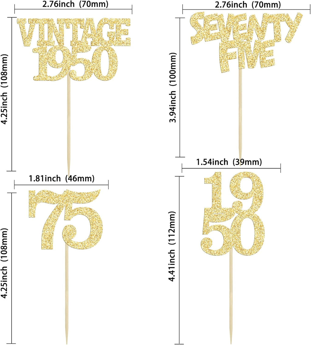 Gyufise 24Pcs 75th Birthday Cupcake Toppers Glitter Cheers to 75 Fabulous Seventy Five Vintage 1950 Cupcake Picks 75th Birthday Wedding Anniversary Party Cake Decorations Supplies Gold