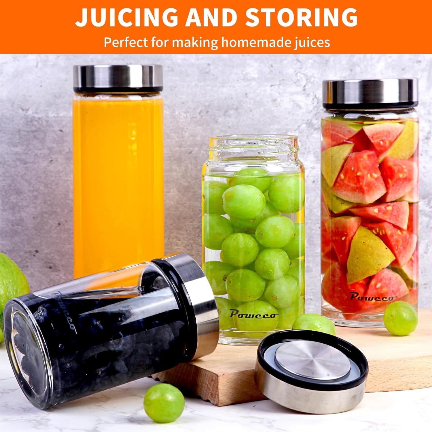 16oz Glass Juice & Water Bottles 6-Pack with Lids- Wide Mouth Reusable Borosilicate Glass- for Juicing, Smoothies, Protein Shakes, Blender & Shaker Bottle- Refillable & Dishwasher Safe(16 oz/500ml)
