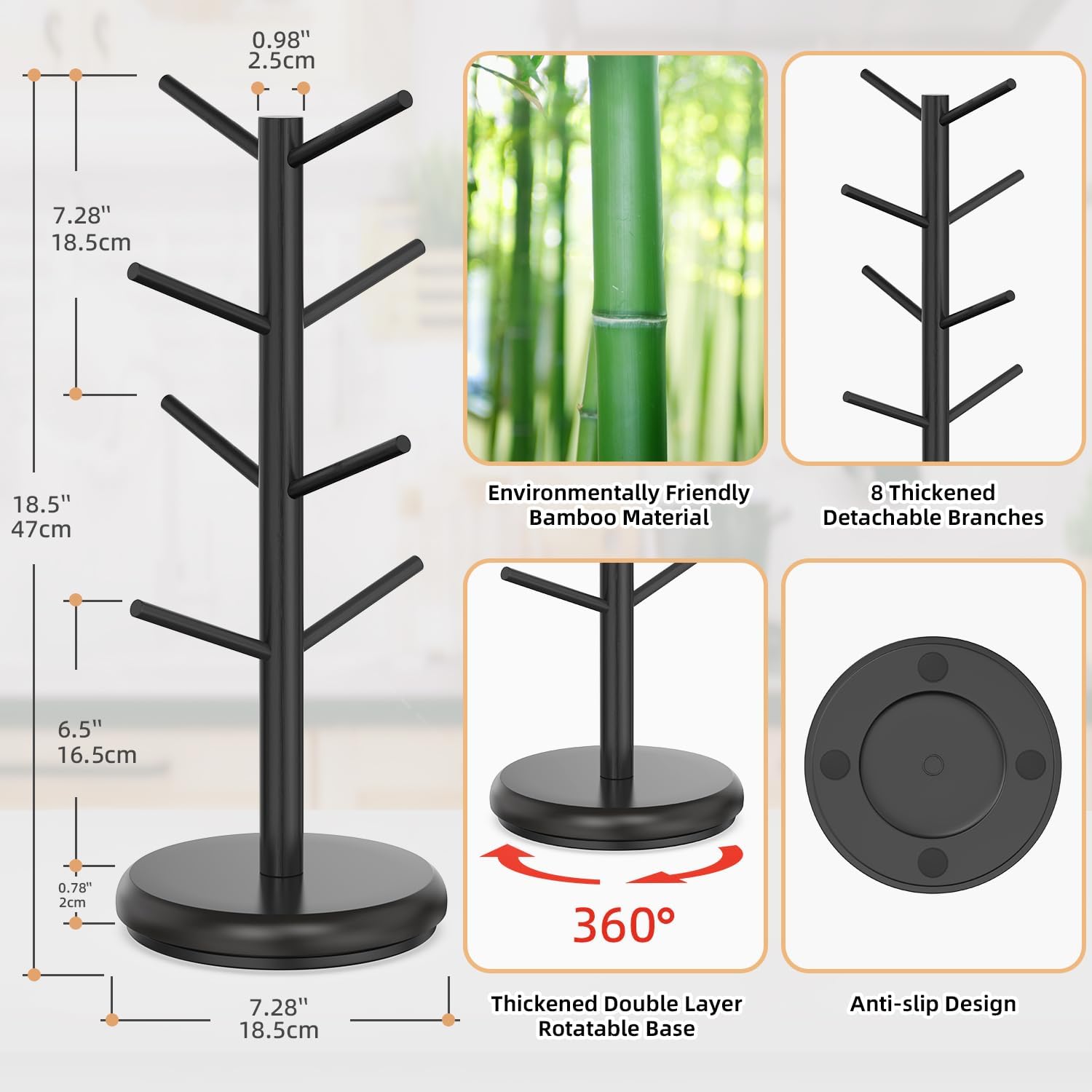 BAMBANG Coffee Mug Tree, 360° Rotating Bamboo Cup Holder Tree for Counter Top, Mug Rack with 8 Hooks, Mug Stand for Coffee Bar, Home, Black
