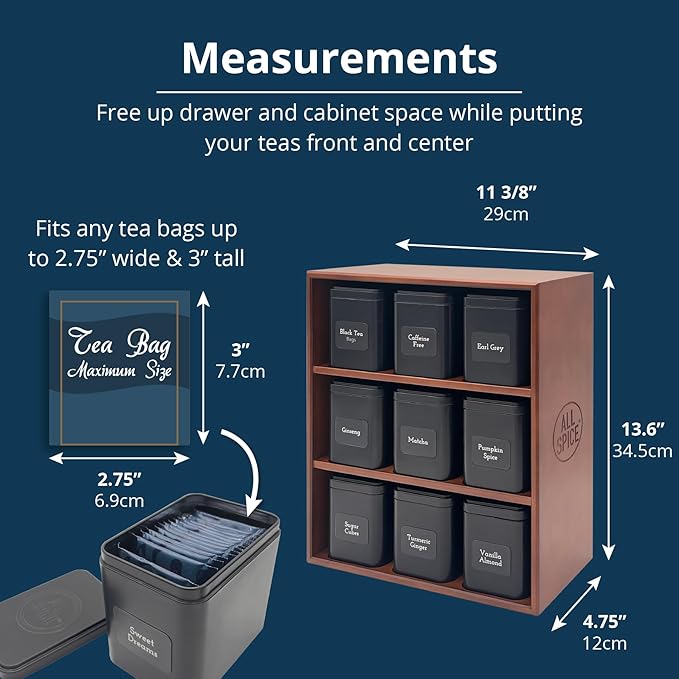 AllSpice Tea Organizer Rack with 9 Tins & 160 Magnetic Labels – Perfect for Bagged & Loose Leaf Tea Organization - Walnut