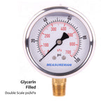 MEASUREMAN 2-1/2" Dial Size, Glycerin Filled Pressure Gauge, 0-100psi/kpa, 304 Stainless Steel Case, 1/4" NPT Lower Mount