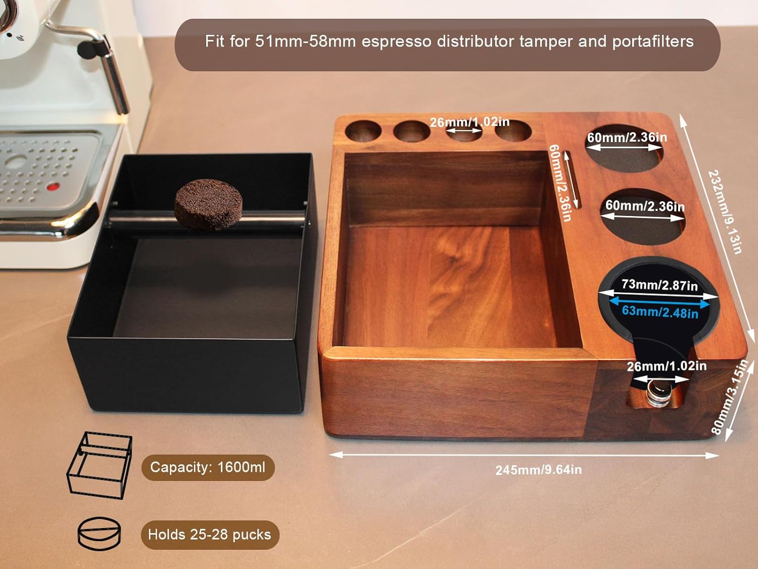 Espresso tamping station knock box,tamper station,Espresso station fit for storage 51-58mm tamper,distributor,portafilter,puck screen accessories,9 in 1 espresso knock box and tamper station