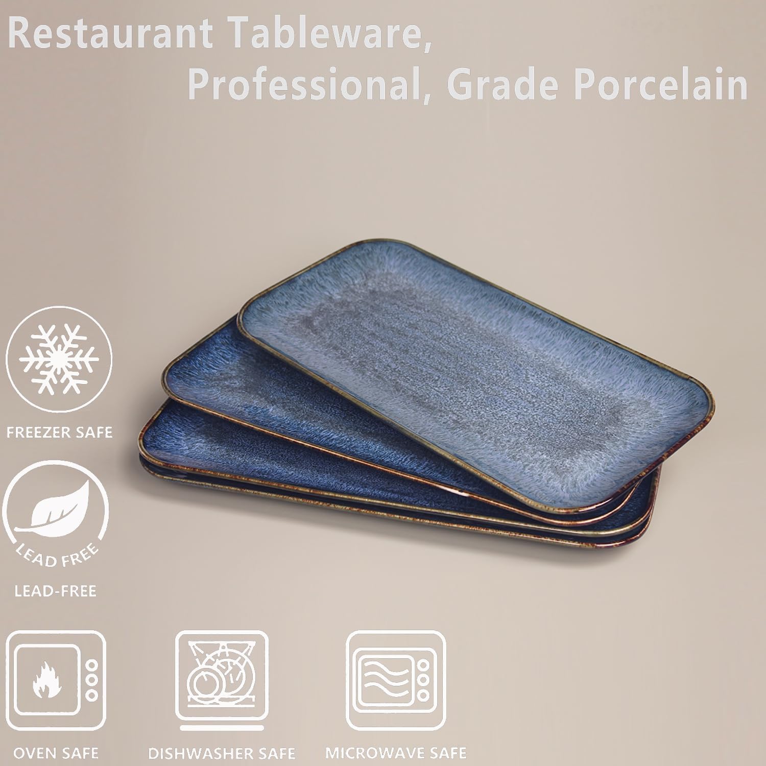 Porcelain Dinner Plates set dessert salad dish Set of 4,Main Dish for Steak,Bread, Pasta,Salad, Microwave Oven and Dishwasher Safe,Scratch Resistant Reusable 9.8 INCH Rectangular