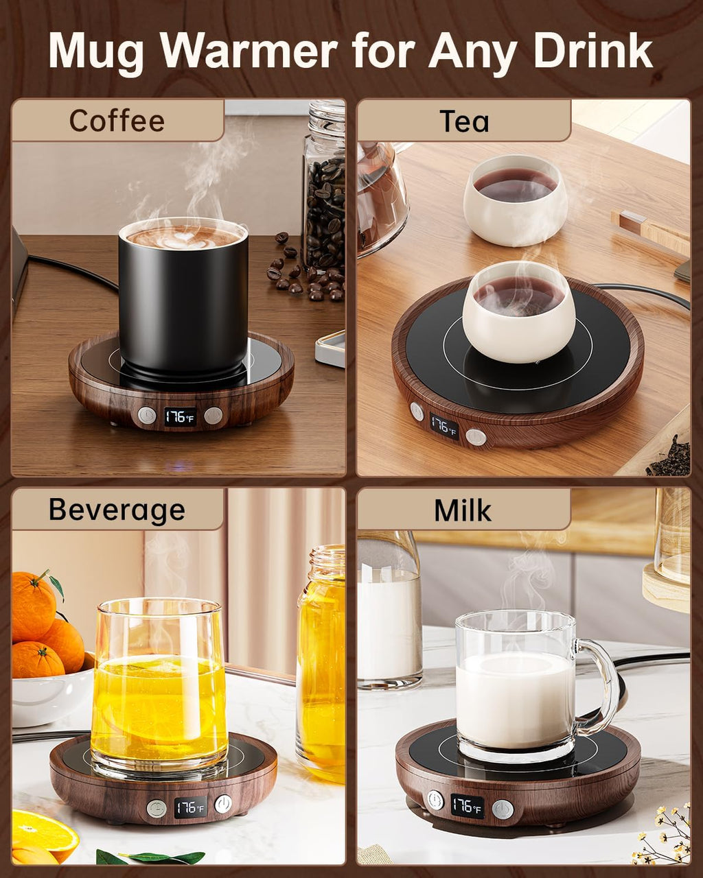 SWEETFULL Mug Warmer - Upgraded 36W Coffee Cup Warmer for Desk with 130℉-176℉ Digital Display, 2-12H Timer Auto Shut Off, Smart Electric Coffee Heating Plate, Ideal Gifts for Women Men - Wood
