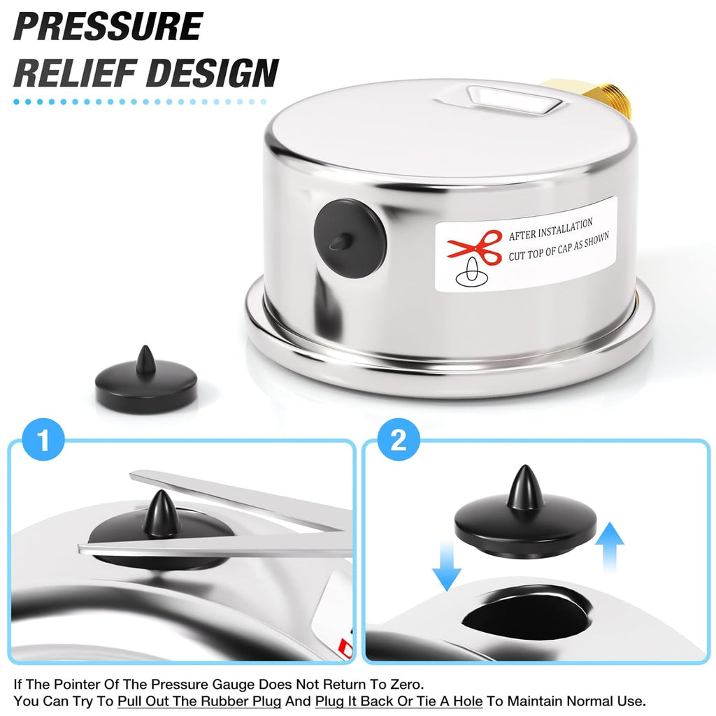 MEANLIN MEASURE 0~300Psi Dry Pressure Gauge Stainless Steel 1/8" NPT 2" FACE DIAL Waterproof for Air Compressor Air Regulator Water Filter Lower Mount, with 1/4" NPT and 3/8" NPT Hex Bushing