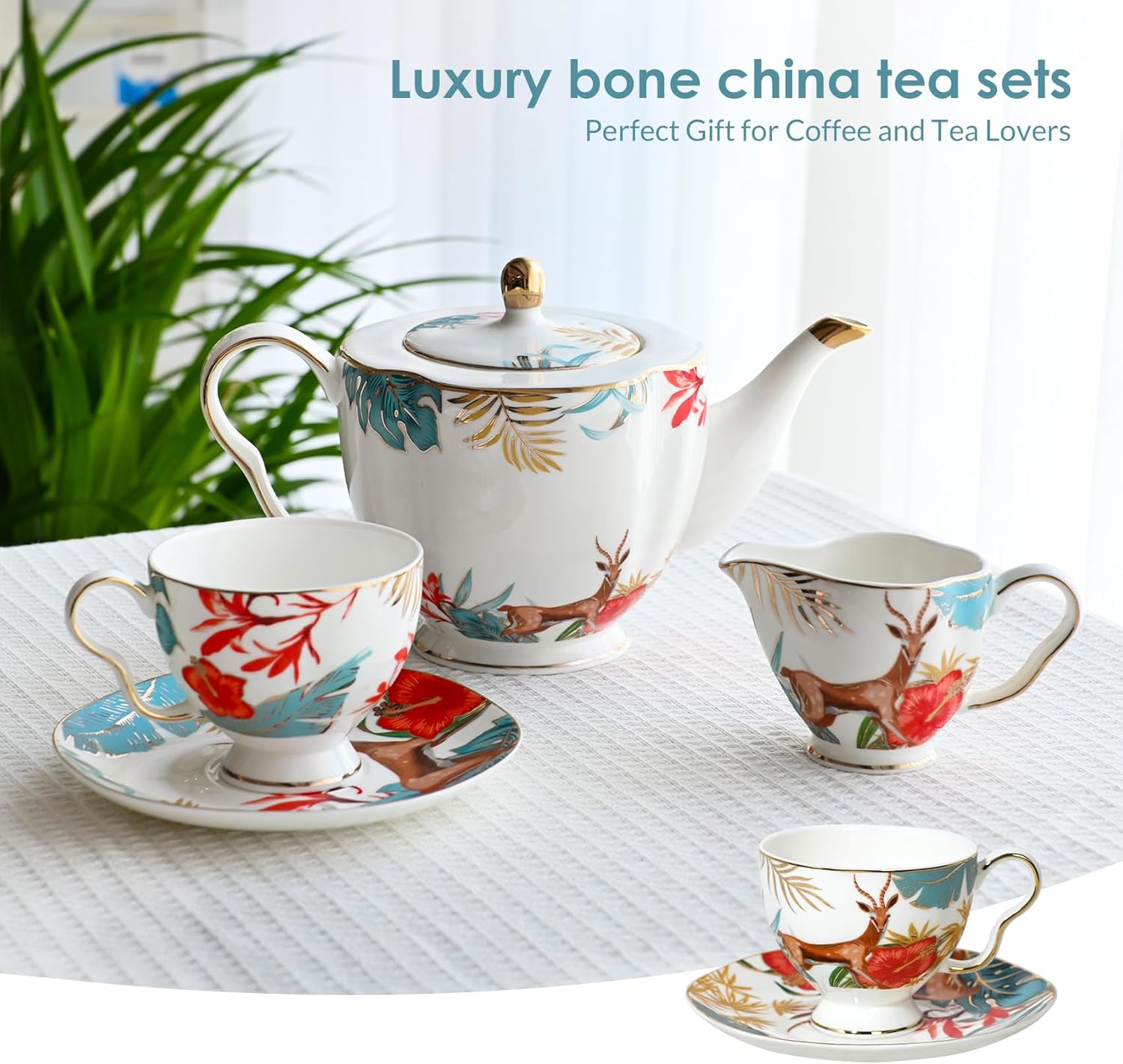ACMLIFE Tea Cups and Saucers for 1, Bone China Teacup Set for Adults with Gold Trim and Gift Box, Deer Chinese English British Wedding Tea Set for One Coffee Cup Set 6.8 oz (Red-Deer)