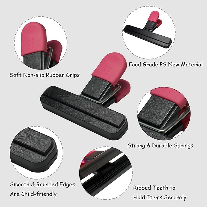 11 Pack Chip Clips Food Bag Clips for Food Packages Chips Storage Bags Heavy Duty Snack Kitchen Potato (3 Large, 6 Small & 2 Round, Black Pink)